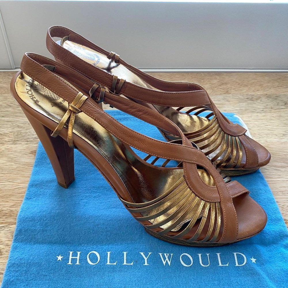 $495 HOLLYWOULD Metallic Gold Strappy Platform Slingbacks 10